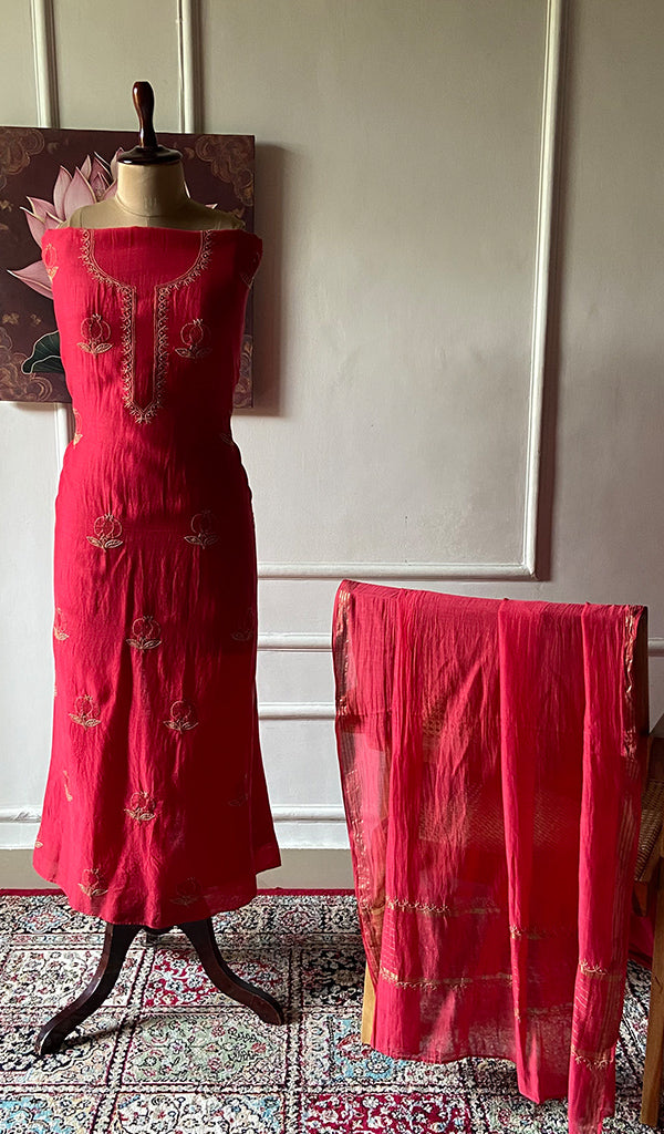 Women's Lakhnavi Handcrafted Mul Chanderi Unstitched Kurta And Dupatta Set- HONC0345264