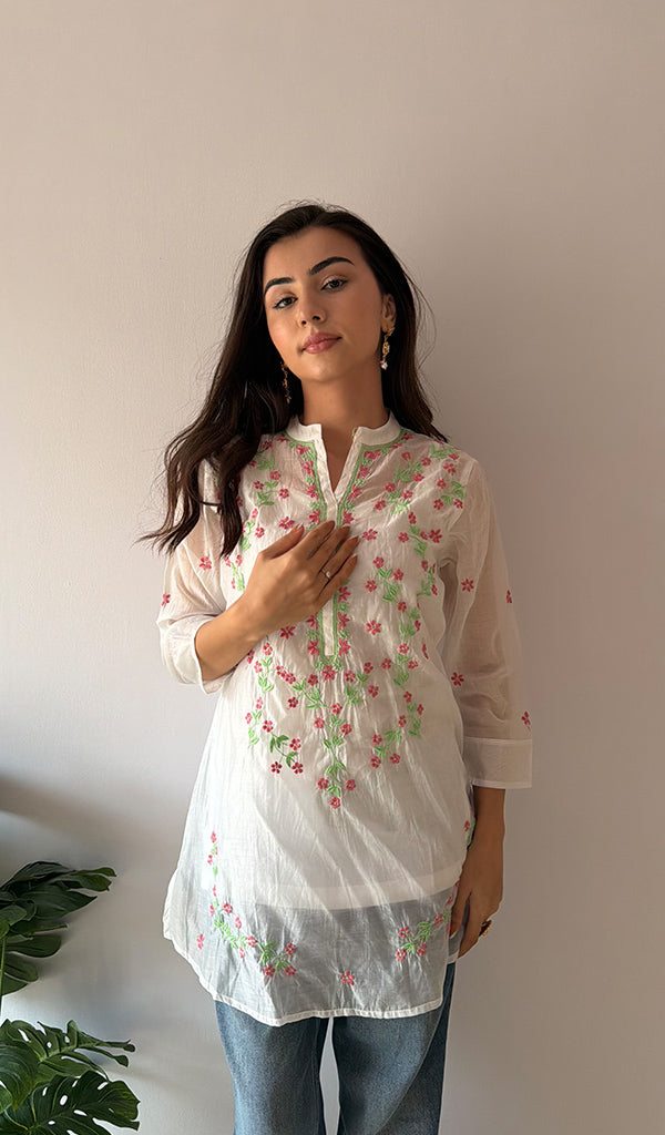 Sophia Women's Lakhnavi Handcrafted Mul Chanderi Chikankari Top - HONC0372855