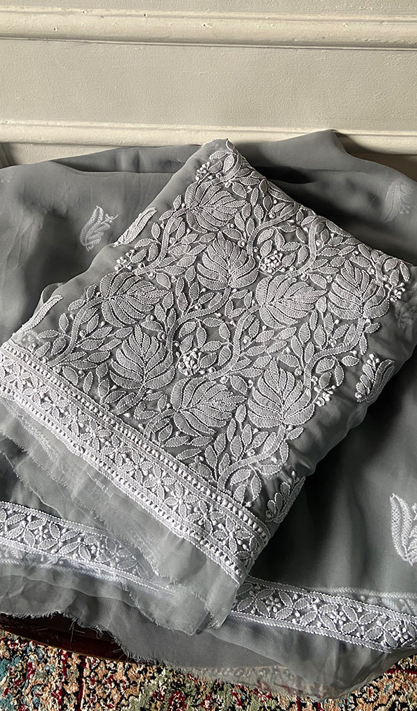 Women's Lucknowi Handcrafted Faux-Georgette Unstitched Chikankari Suit Material - HONC0348787
