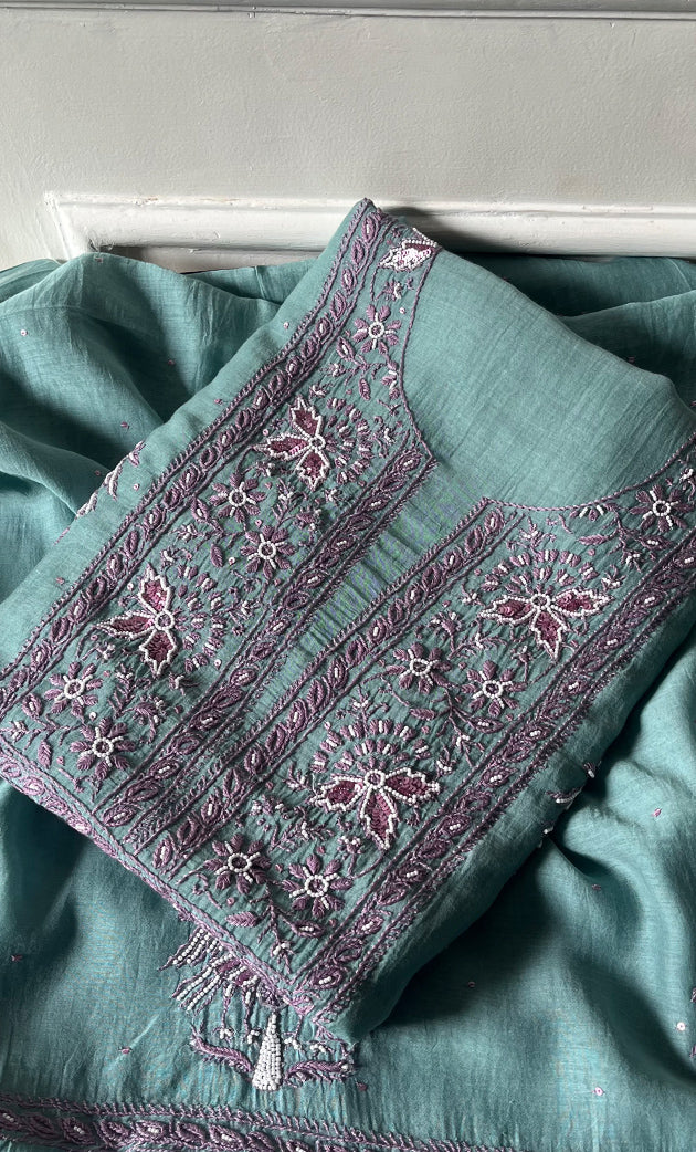 Women's Lakhnavi Handcrafted Mul Chanderi Unstitched Kurta And Dupatta Set - HONC0302233