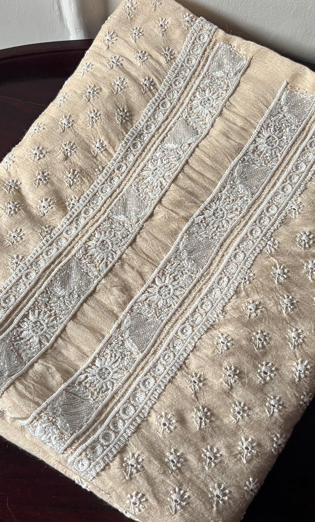 Lucknowi Handcrafted Munga Silk Chikankari Unstitched Unisex Kurta Fabric - HONC0320844