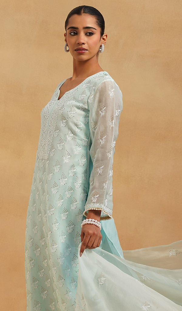 Women's Lucknowi Handcrafted Pure Organza Silk Stitched Chikankari Kurta, Dupatta With Pant Set- HONC0543190