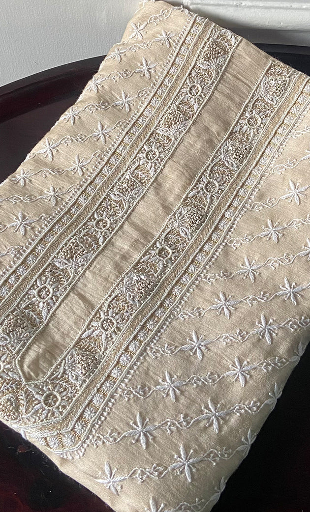 Lucknowi Handcrafted Munga Silk Unstitched Chikankari Unisex Kurta Fabric - HONC0330259