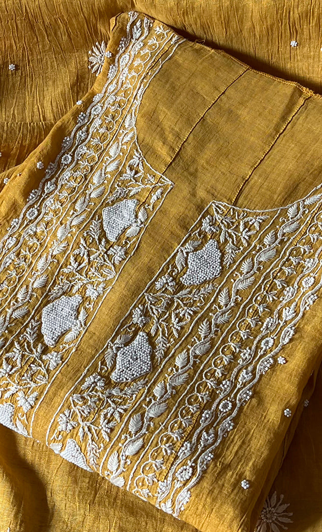 Women's Lakhnavi Handcrafted Tissue Chanderi Semi - Stitched Kurta And Dupatta Set - HONC0285732