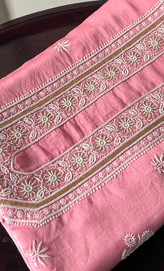 Lucknowi Handcrafted Chanderi Silk Chikankari Unstitched Unisex Kurta Fabric - HONC0322109