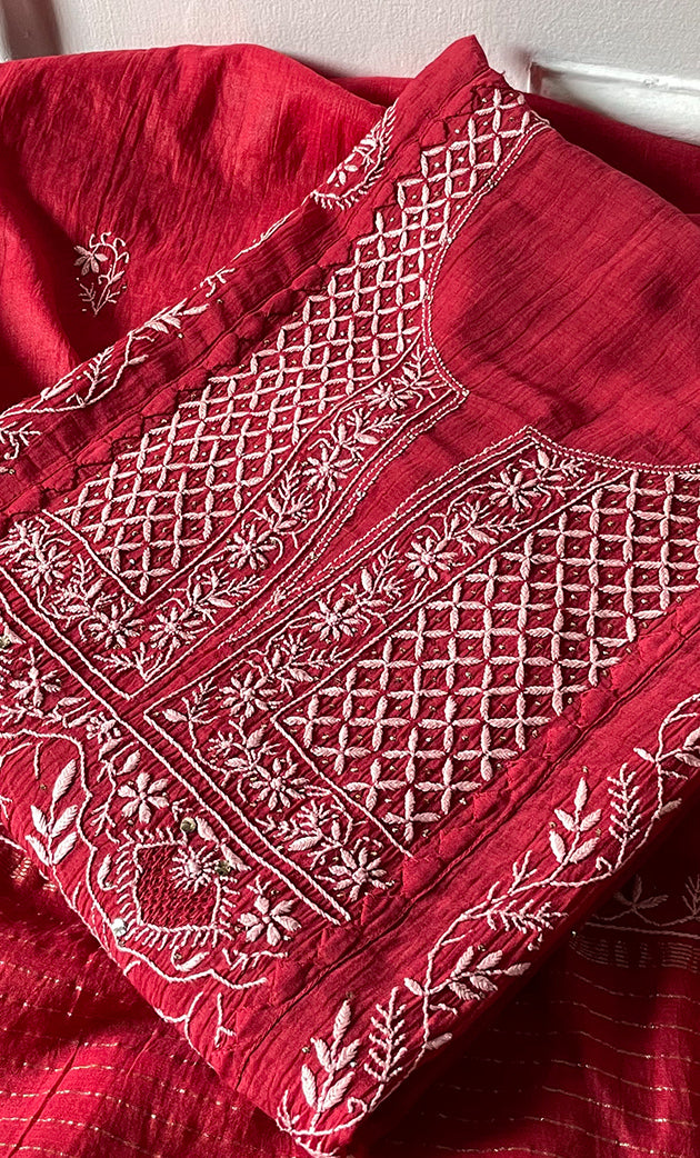 Women's Lakhnavi Handcrafted Semi- stitched Mul Chanderi Kurta And Dupatta Set - HONC0282410