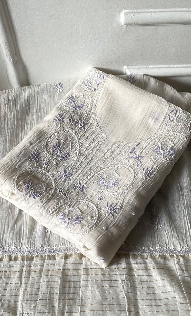 Women's Lakhnavi Handcrafted Unstitched Mul Chanderi Kurta And Dupatta Set - HONC0319475