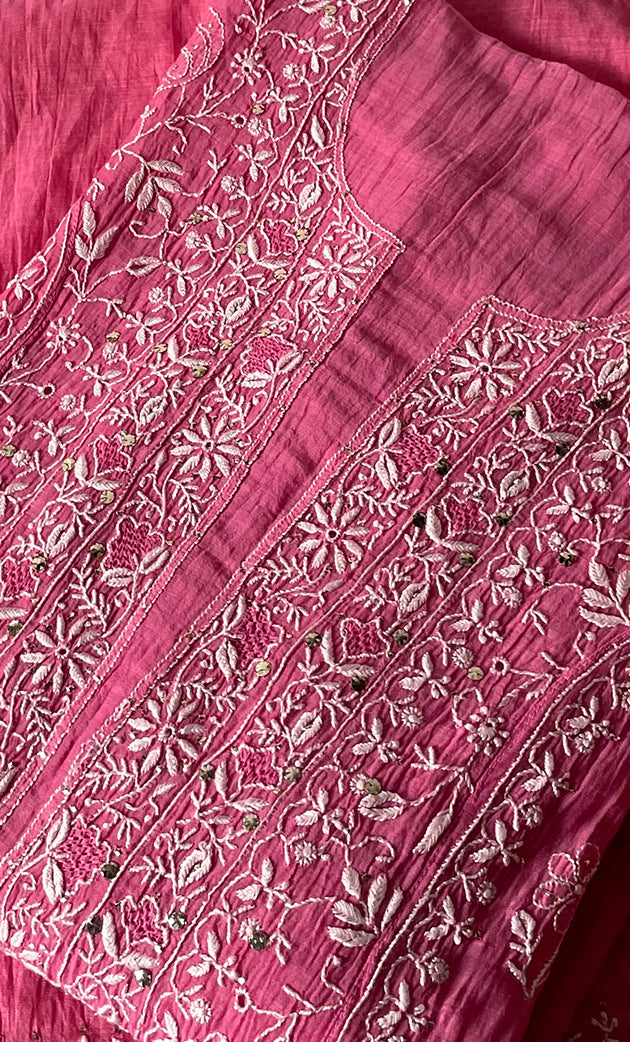 Women's Lakhnavi Handcrafted Mul Chanderi Semi - Stitched Kurta And Dupatta Set - HONC0282431