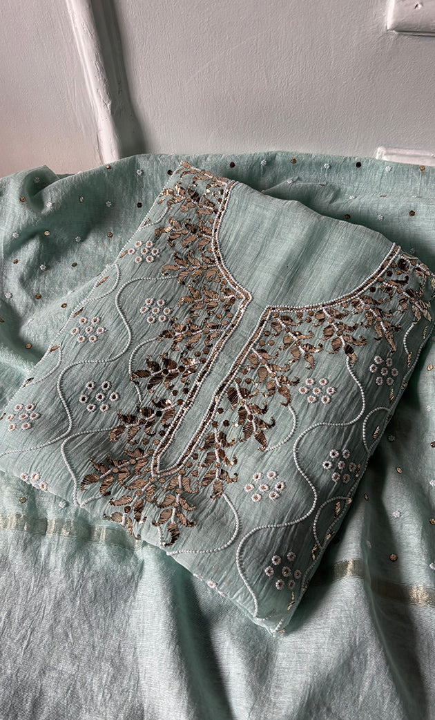 Women's Lakhnavi Handcrafted Mul Chanderi Unstitched Chikankari Full Suit Material - HONC0320708