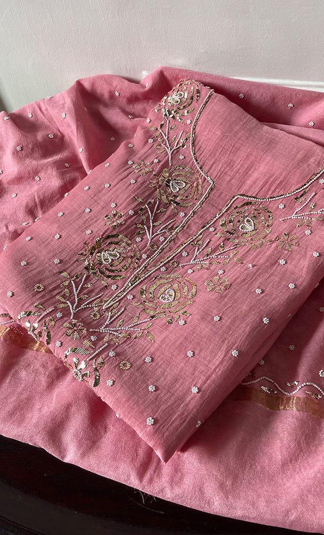 Women's Lakhnavi Handcrafted Mul Chanderi Unstitched Chikankari Full Suit Material - HONC0311935