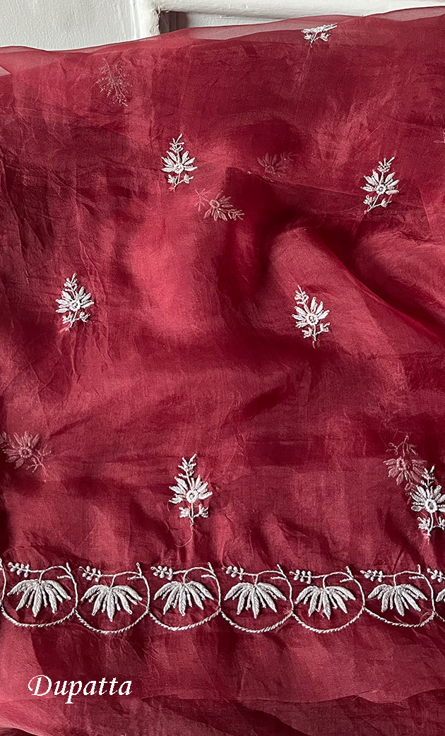 Women's Lakhnavi Handcrafted Pure Organza Chikankari Unstitched Kurta And Dupatta Set- HONC0288594