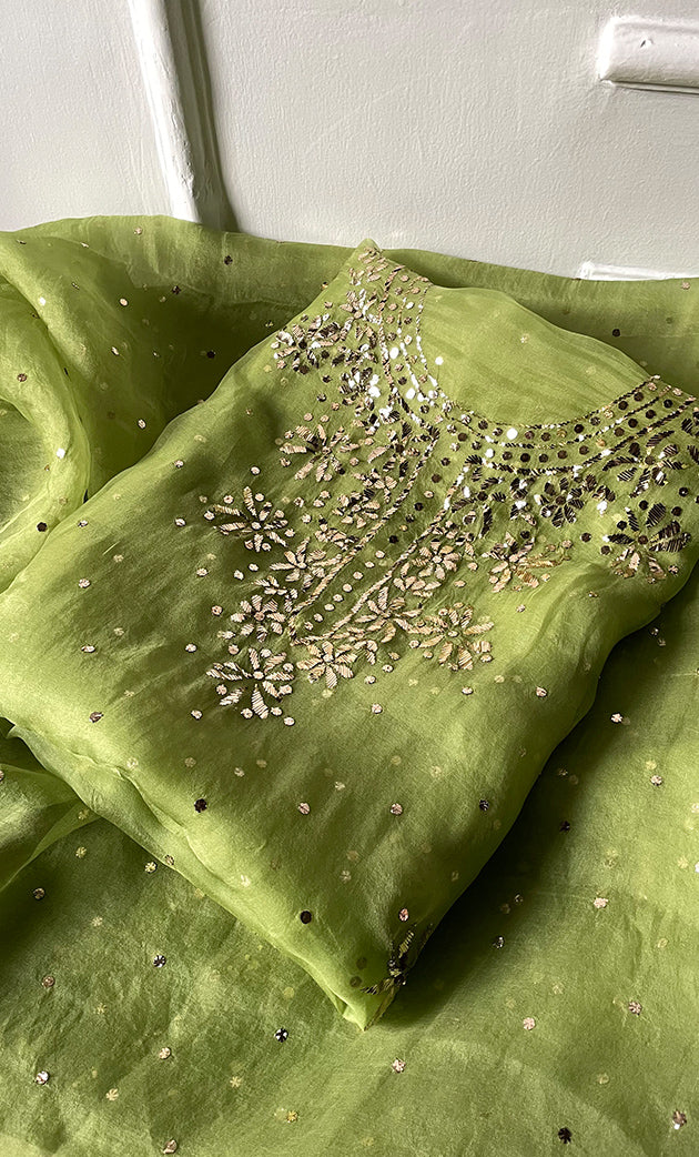 Marifa Women's Lakhnavi Handcrafted Pure Organza Chikankari Unstitched Kurta And Dupatta Set- HONC0317963