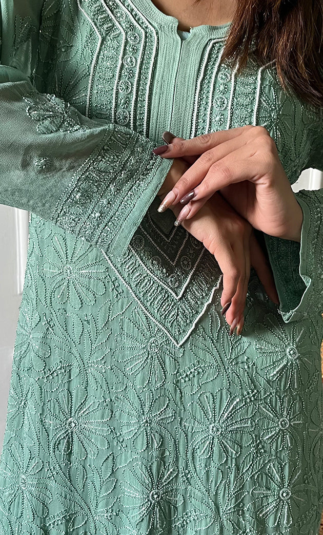 Women's Lakhnavi Handcrafted Viscose Georgette Chikankari Kurti - HONC0318834