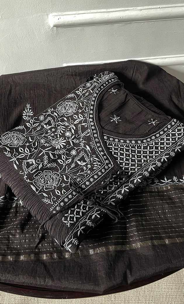 Women's Lakhnavi Handcrafted Mul Chanderi Semi-Stitched Angrakha And Dupatta Set - HONC0281965
