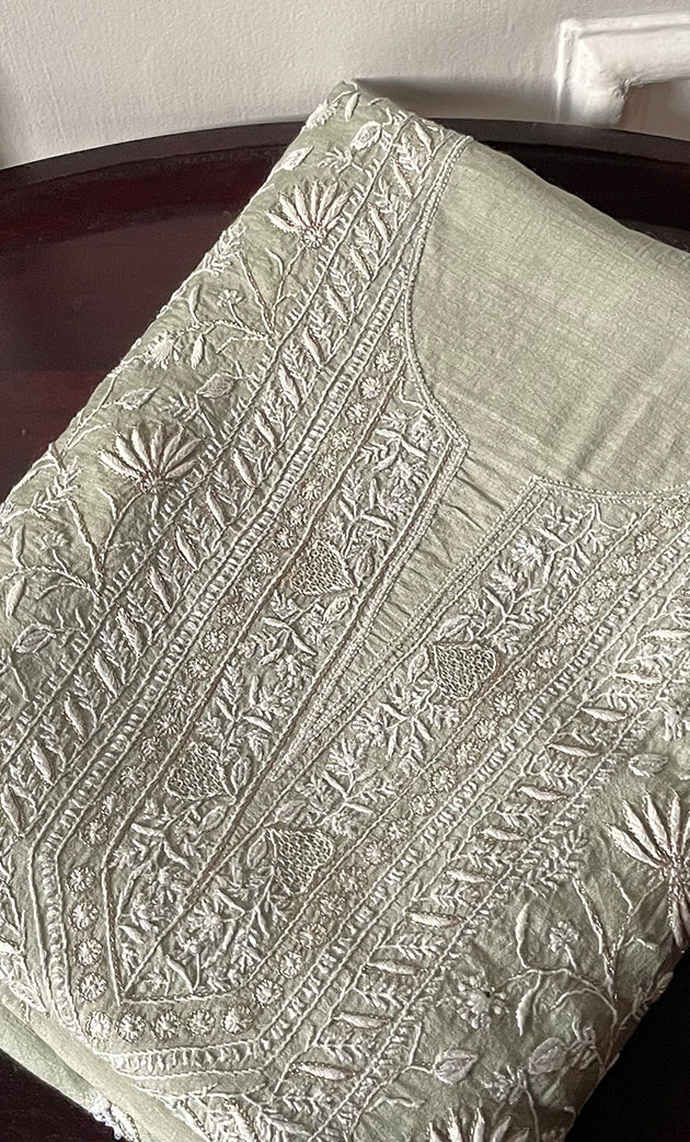 Women's Lakhnavi Handcrafted Munga Silk Chikankari Unstitched Kurti Fabric - HONC0316122