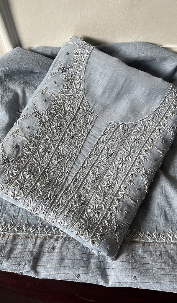 Women's Lucknowi Handcrafted Chanderi Silk Chikankari Kurta Dupatta Set - HONC095944