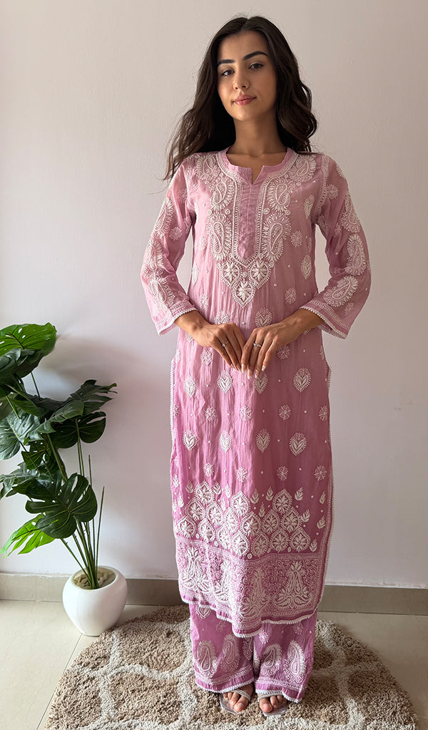 Women's Lucknowi Handcrafted Mul Chanderi Stitched Chikankari Kurta And Plazzo Set- HONC0379055