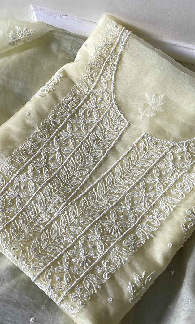 Women's Lakhnavi Handcrafted Organza Chikankari Unstitched Full Suit Material - HONC0287044