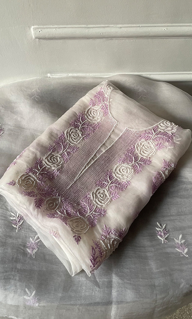 Rose Women's Lakhnavi Handcrafted Pure Organza Chikankari Unstitched Kurta And Dupatta Set- HONC0305186