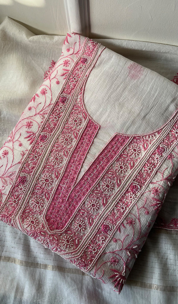 Women's Lakhnavi Handcrafted Maheshwari Mul Chanderi Unstitched Kurta And Dupatta Set - HONC0270648