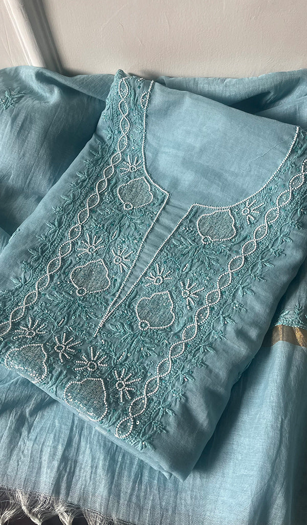 Women's Lakhnavi Handcrafted Mul Chanderi Chikankari Full Suit Material - HONC0271179