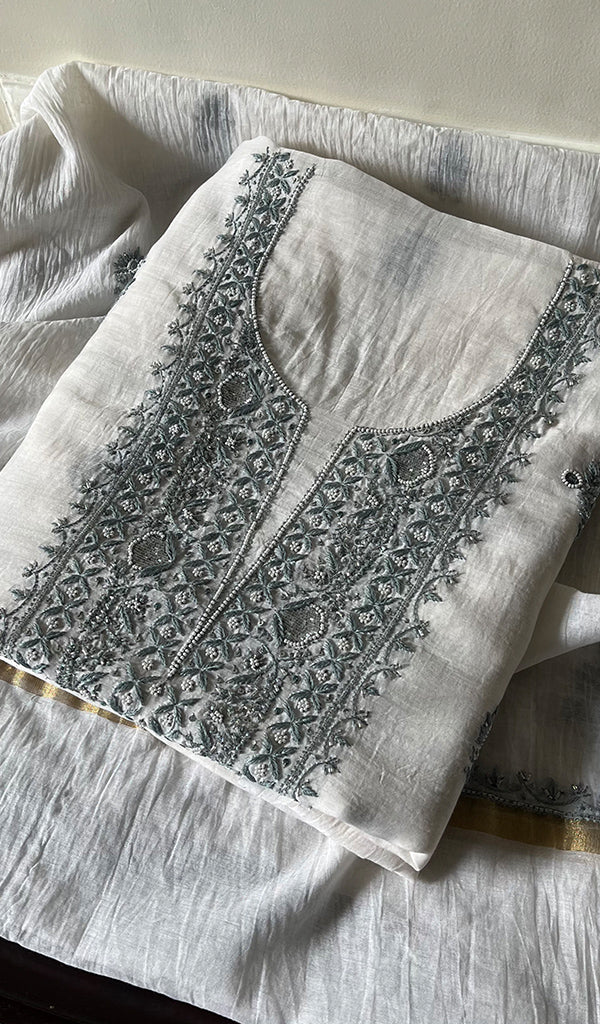 Women's Lakhnavi Handcrafted Mul Chanderi Unstitched Kurta And Dupatta Set - HONC0284677