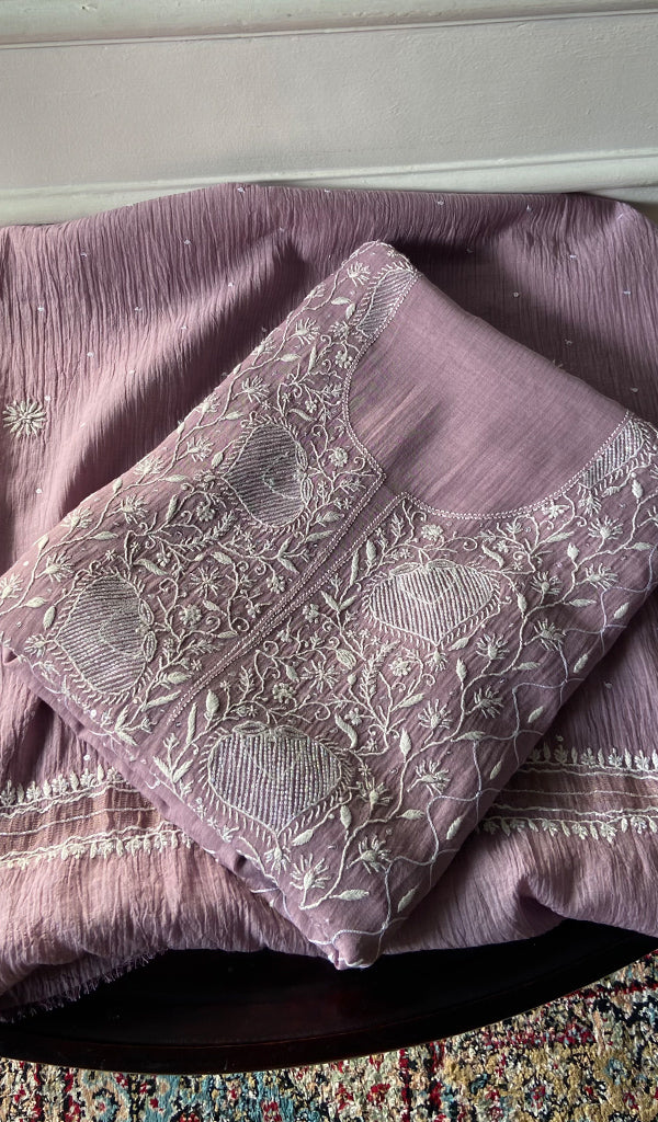Women's Lakhnavi Handcrafted Mul Chanderi Unstitched Kurta And Dupatta Set - HONC0288969