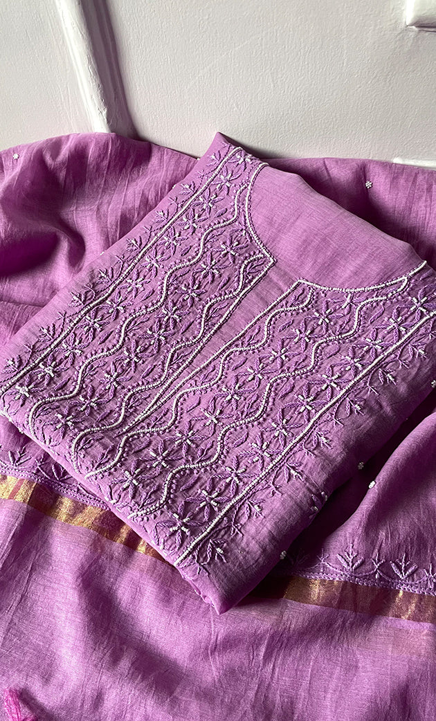 Women's Lakhnavi Handcrafted Mul Chanderi Unstitched Chikankari Full Suit Material - HONC0304381