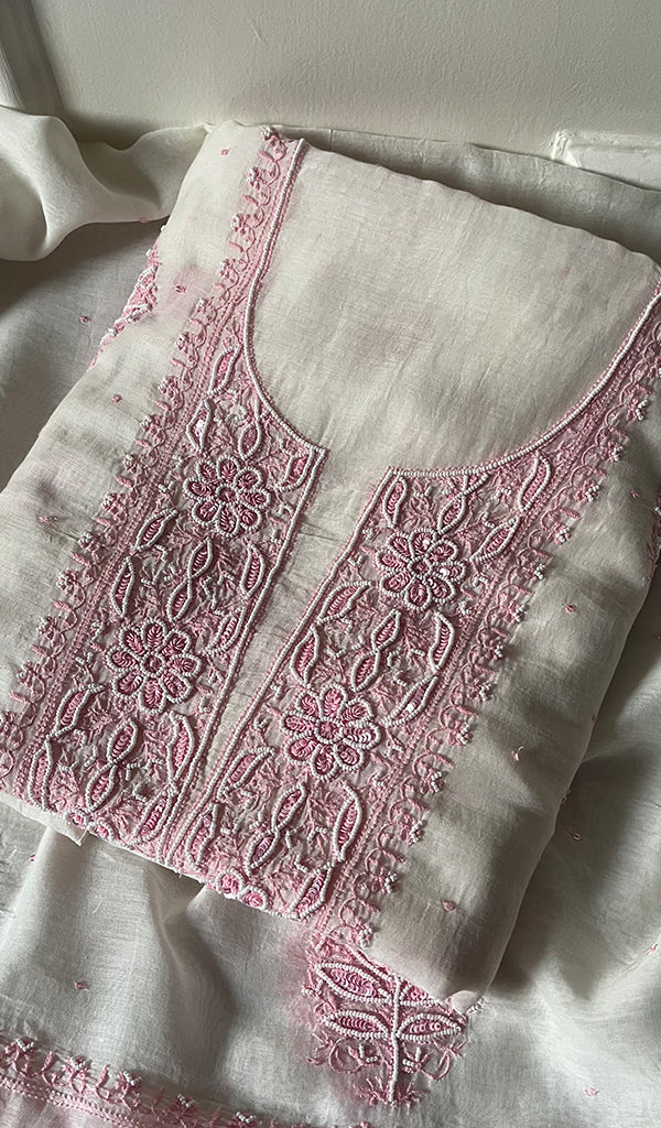 Women's Lakhnavi Handcrafted Mul Chanderi Unstitched Kurta And Dupatta Set - HONC0279320