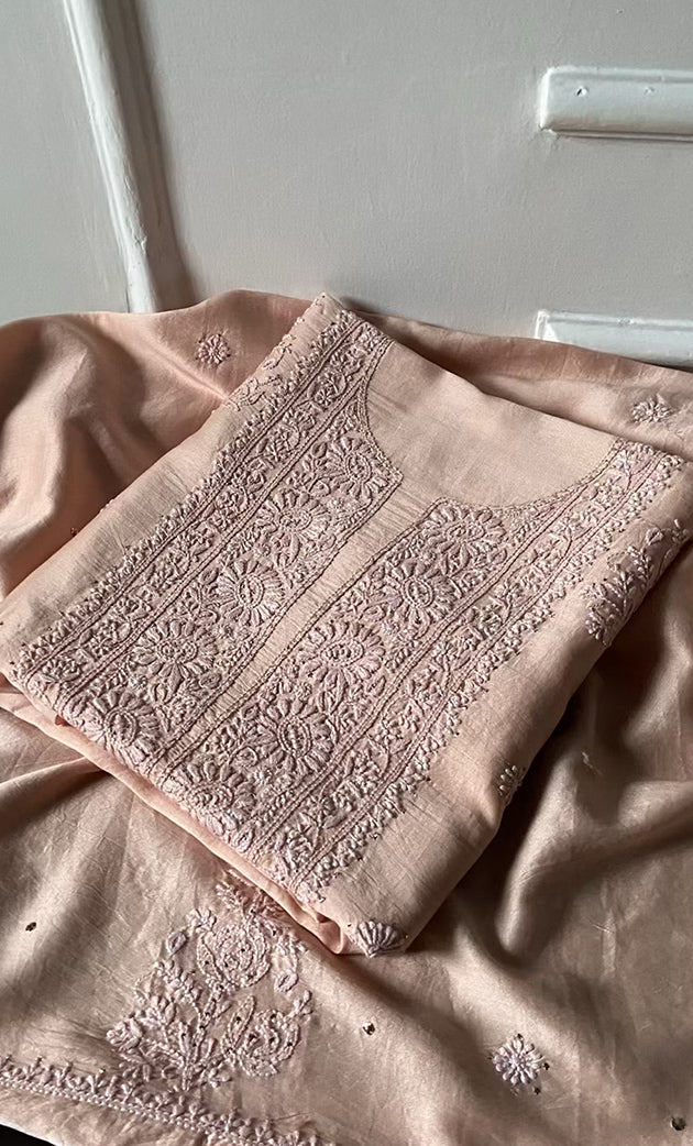 Women's Lakhnavi Handcrafted Chanderi Silk  Unstitched  Chikankari Kurta And Dupatta Set - HONC0290030