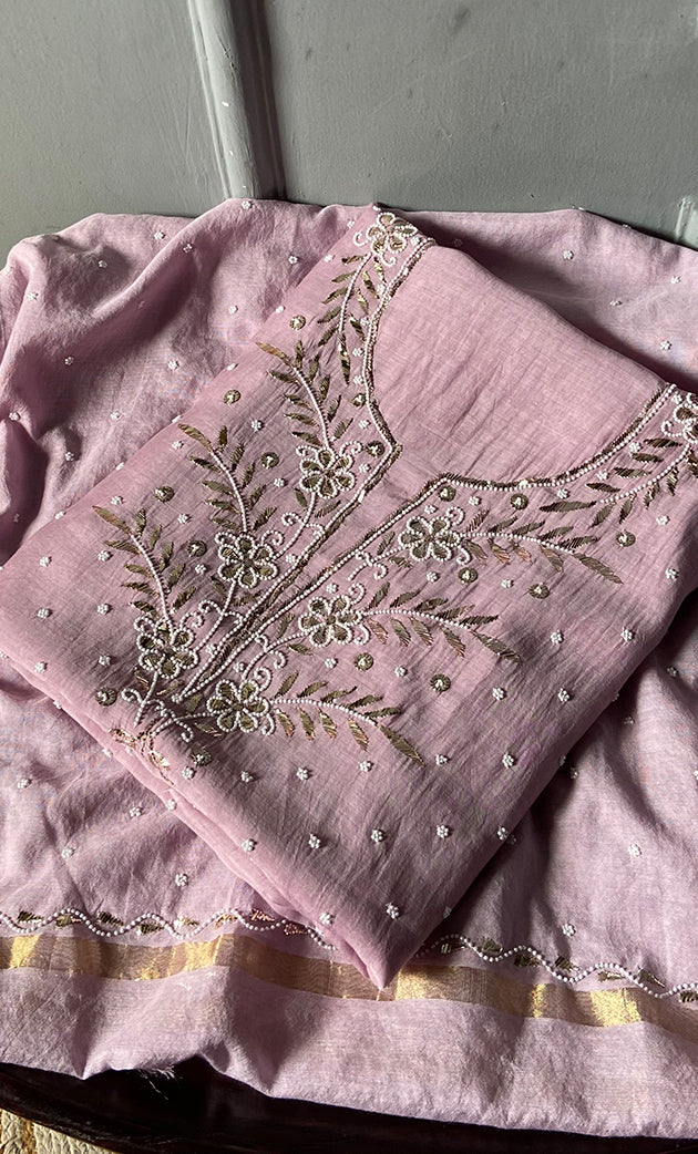 Women's Lakhnavi Handcrafted Mul Chanderi Unstitched Chikankari Full Suit Material - HONC0311952