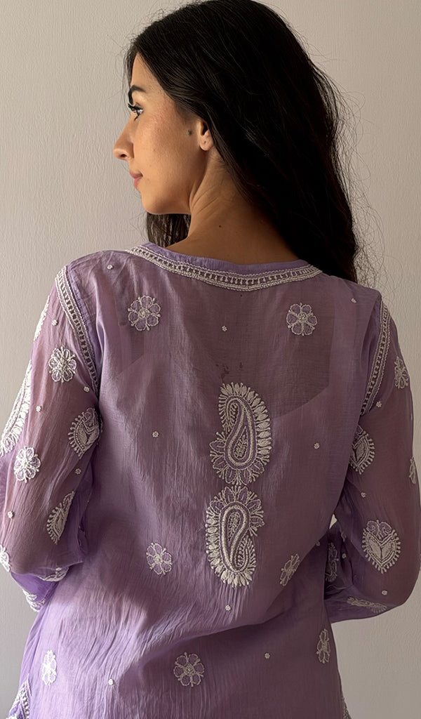 Women's Lucknowi Handcrafted Mul Chanderi Stitched Chikankari Kurta And Plazzo Set- HONC03790590