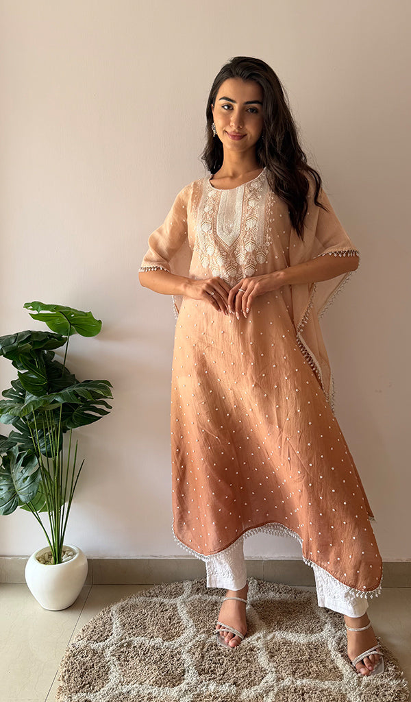 Pragya Women's Lucknowi Handcrafted Mul chanderi Chikankari Kaftan - HONC03615788