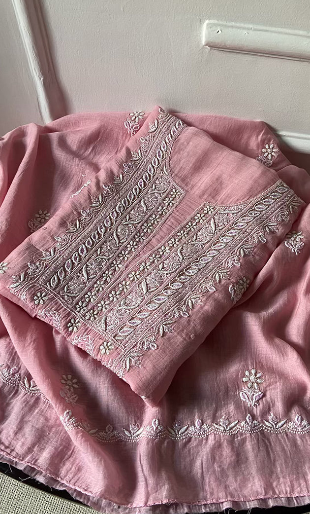 Women's Lakhnavi Handcrafted Mul Chanderi UnStitched Kurta And Dupatta Set - HONC0318517