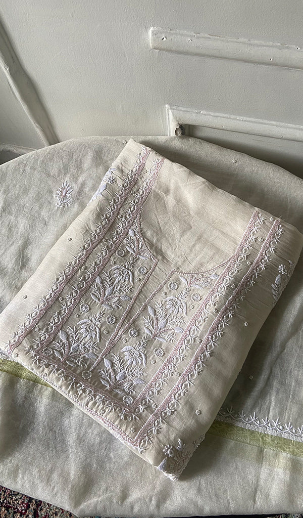 Women's Lakhnavi Handcrafted Mul Chanderi Unstitched Kurta And Dupatta Set - HONC0298568