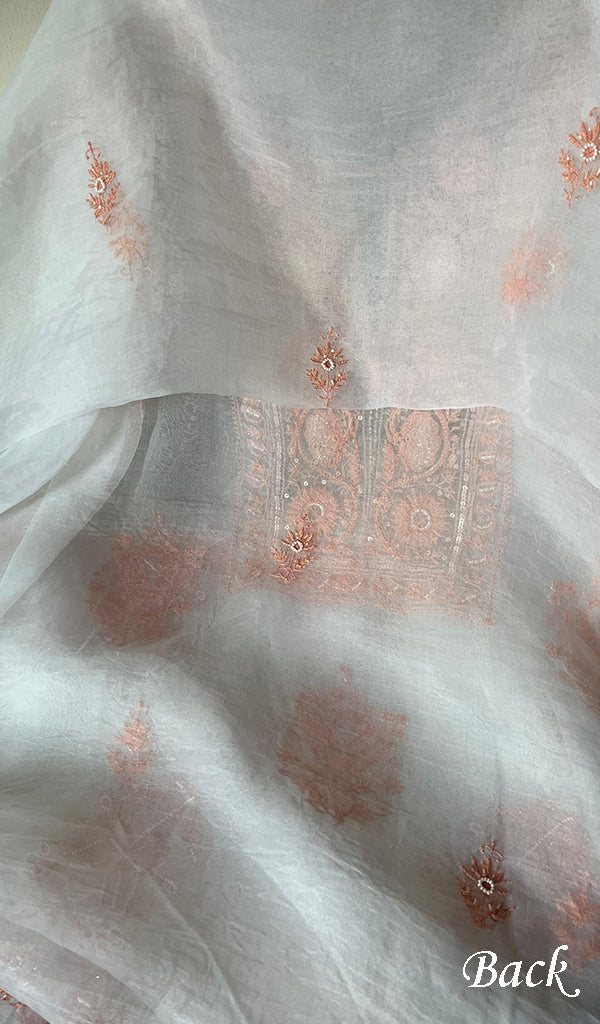 Women's Lakhnavi Handcrafted Pure Organza Chikankari Unstitched Kurta And Dupatta Set- HONC0270074
