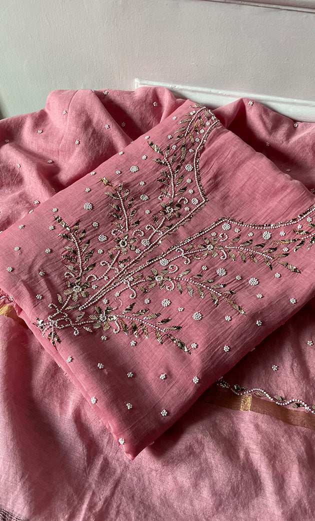 Women's Lakhnavi Handcrafted Mul Chanderi Unstitched Chikankari Full Suit Material - HONC0311943