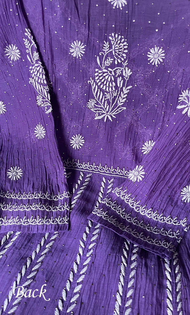 Women's Lakhnavi Handcrafted Mul Chanderi Chikankari Kurta, Dupatta ,Matching Slip And Pant Set - HONC0249449