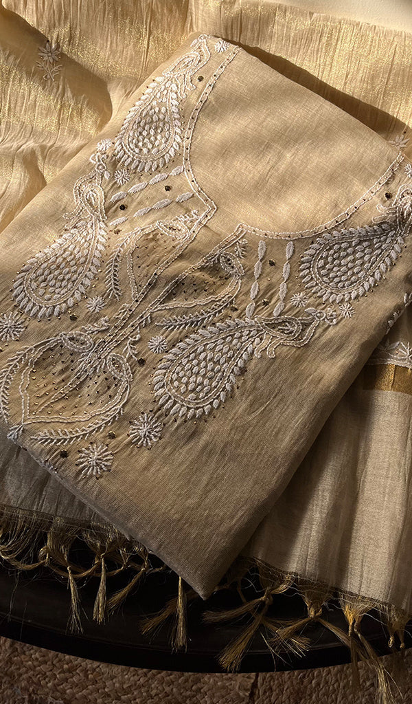 Women's Lakhnavi Handcrafted Tissue Chanderi Unstitched Kurta And Dupatta Set - HONC0282349