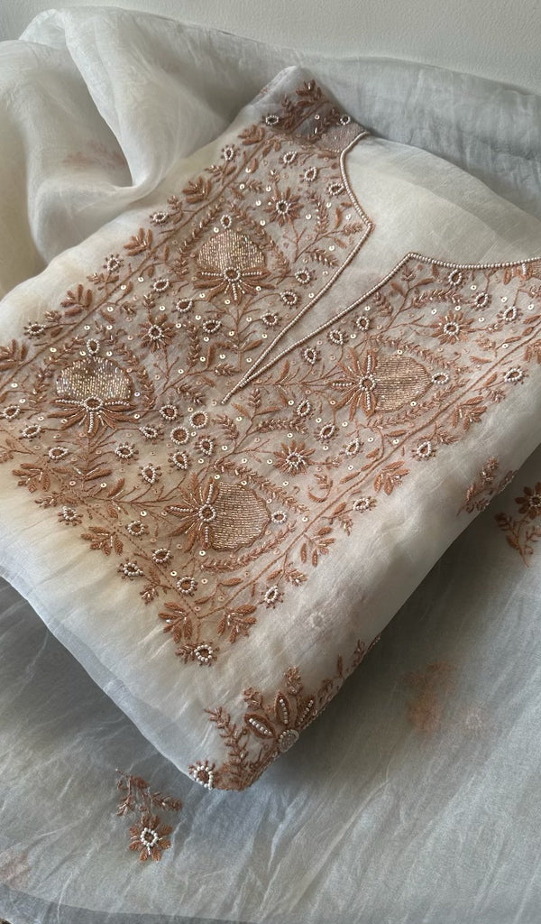 Women's Lakhnavi Handcrafted Pure Organza Chikankari Unstitched Kurta And Dupatta Set- HONC0278114