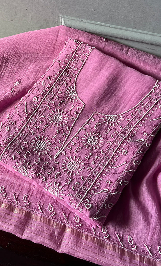 Women's Lakhnavi Handcrafted Mul Chanderi Chikankari Full Suit Material - HONC0278004