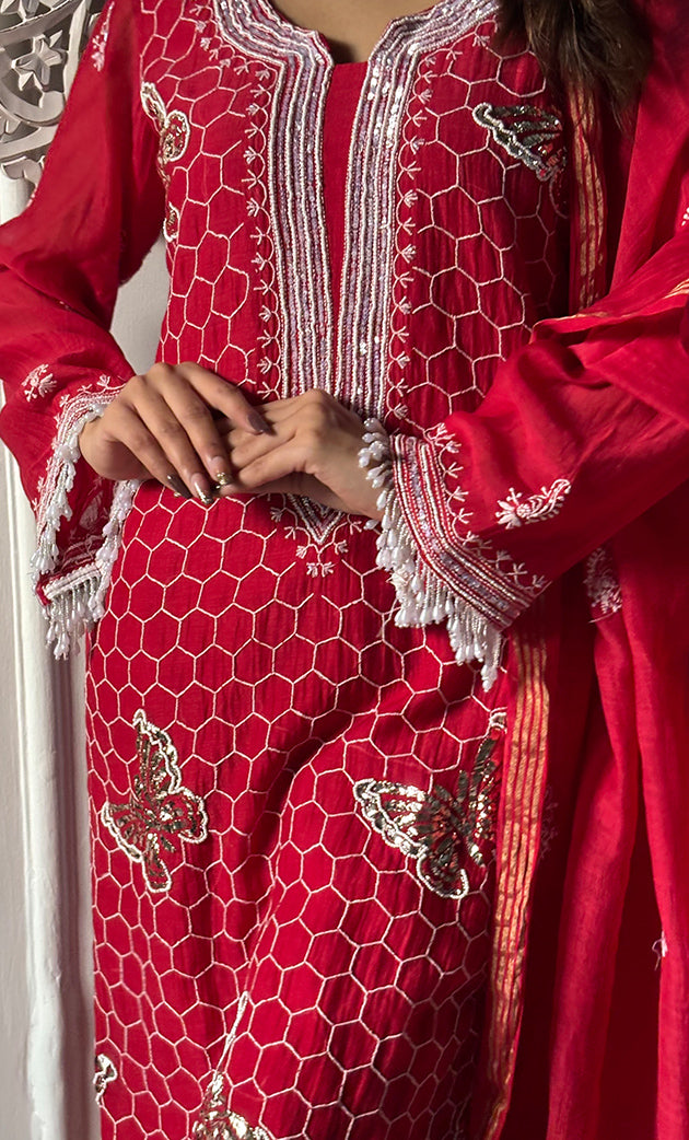 Women's Lakhnavi Handcrafted Mul Chanderi Chikankari Stitched Kurta, Dupatta And Pant Set - HONC0314455