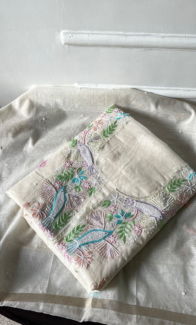 Chidiya Women's Lakhnavi Handcrafted Unstitched Mul Chanderi Kurta And Dupatta Set - HONC0323684