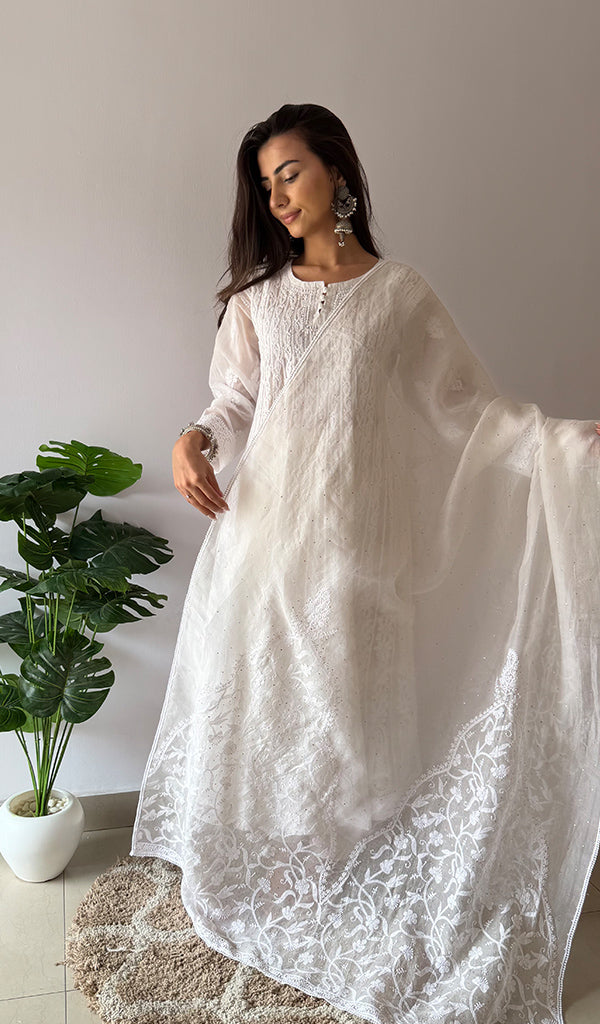 Women's Lucknowi Handcrafted Pure Organza Silk Chikankari Dupatta - HONC0380140