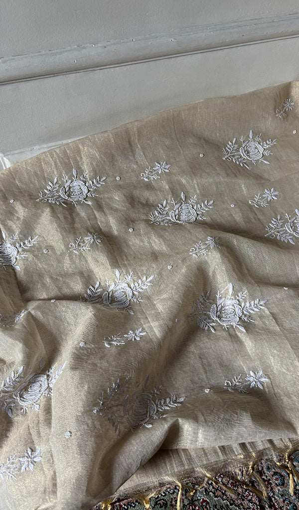 Women's Lakhnavi Handcrafted Tissue Chanderi Unstitched Chikankari Kurta And Dupatta Set - HONC0347705