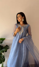 Load image into Gallery viewer, Alfia Women's Lucknowi Handcrafted Pure Organza Silk Stitched Chikankari Kurta, Dupatta With Pant Set- HONC0366950