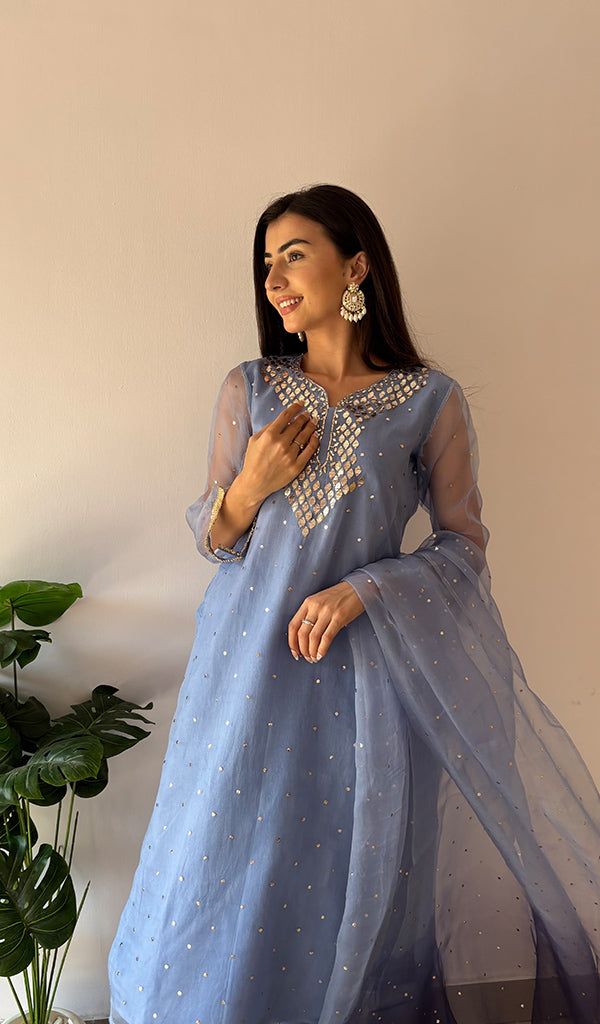 Alfia Women's Lucknowi Handcrafted Pure Organza Silk Stitched Chikankari Kurta, Dupatta With Pant Set- HONC0366950