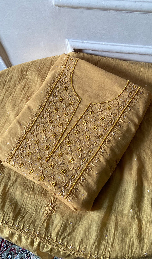 Women's Lakhnavi Handcrafted Mul Chanderi Unstitched Chikankari Full Suit Material - HONC0328108