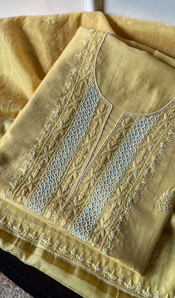 Women's Lakhnavi Handcrafted Mul Chanderi Chikankari Full Suit Material - HONC0260946