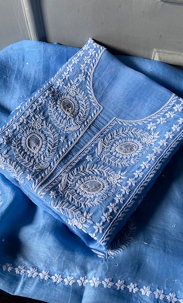 Women's Lakhnavi Handcrafted Pure Organza Chikankari Unstitched Kurta And Dupatta Set- HONC0309609